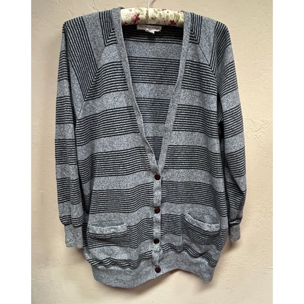White Wheeler & Martha Womens Large Button Front Cardigan Sweater Cotton Striped